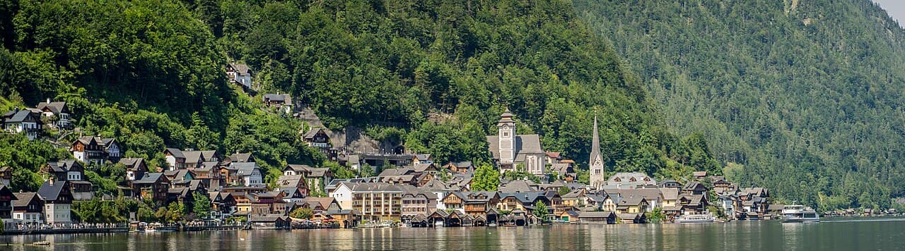 Panoramic view of Hallstatt village and shoreline from lake